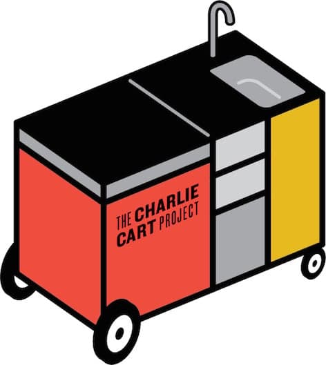 Illustration of two blooming flowers—one pink and one teal—with green stems and leaves.